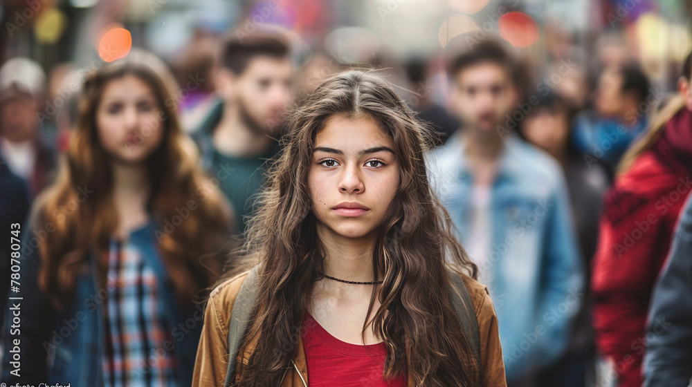 Young Woman Standing Alone Among Crowd in the City