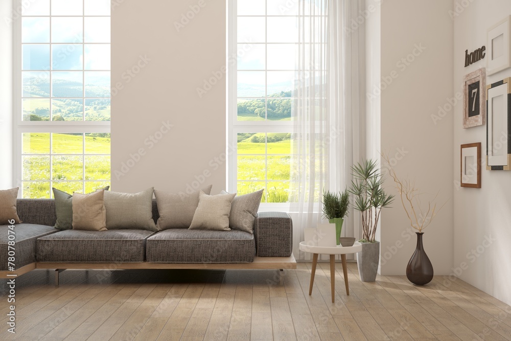White living room with sofa and summer landscape in window. Scandinavian interior design. 3D illustration White living room with sofa and summer landscape in window. Scandinavian interior design. 3D illustration