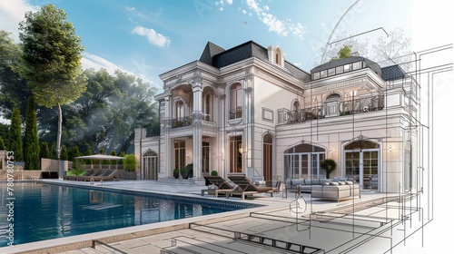 A luxurious villa rendered in 3D juxtaposed with a technical draft