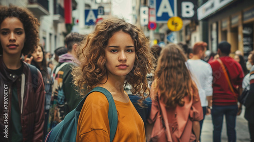 Confident Young Woman Standing in a Busy City Street