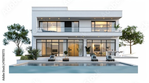 3D rendering of a modern cozy house with a pool and parking area © Chingiz