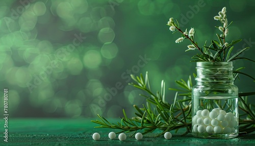 homeopathic balls in a glass jar, scattered with medicinal plants, sunlight