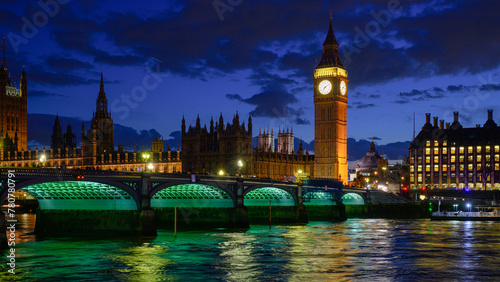 Night at Westminster Bridge and Elizabeth Tower with reflection in  River Thames © IanDewarPhotography