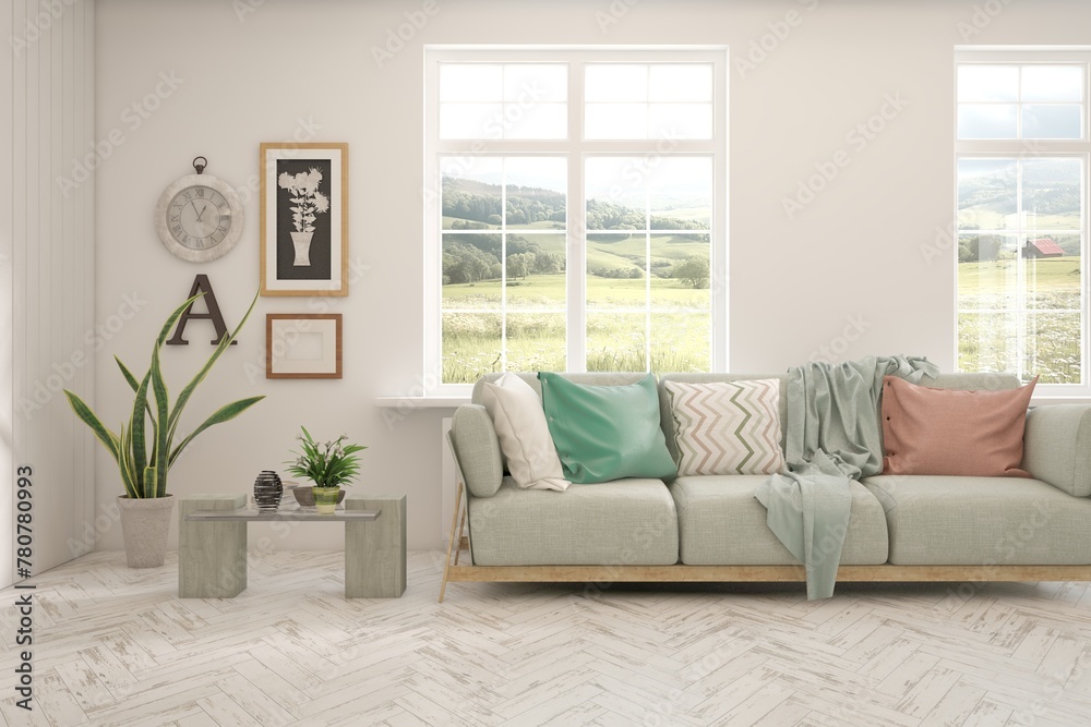 Naklejka premium White living room with sofa and summer landscape in window. Scandinavian interior design. 3D illustration