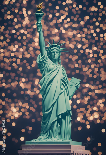 Statue of Liberty replica with a sparkling bokeh background, symbolizing freedom and American culture, suitable for patriotic themes and travel concepts.