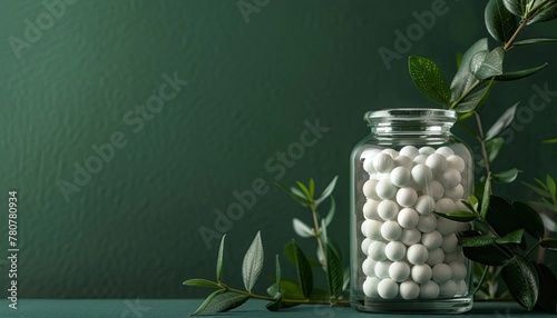 homeopathic balls in a glass jar, scattered with medicinal plants, sunlight