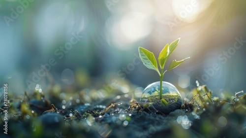 A delicate new sprout grows atop a transparent Earth