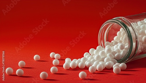 homeopathic balls in a glass jar, scattered with medicinal plants, sunlight