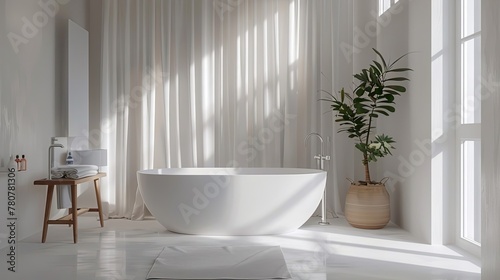 The modern bathroom is white and cozy, with marble stone, towels and plants © Svetlana