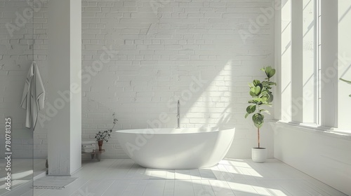 The modern bathroom is white and cozy  with marble stone  towels and plants 