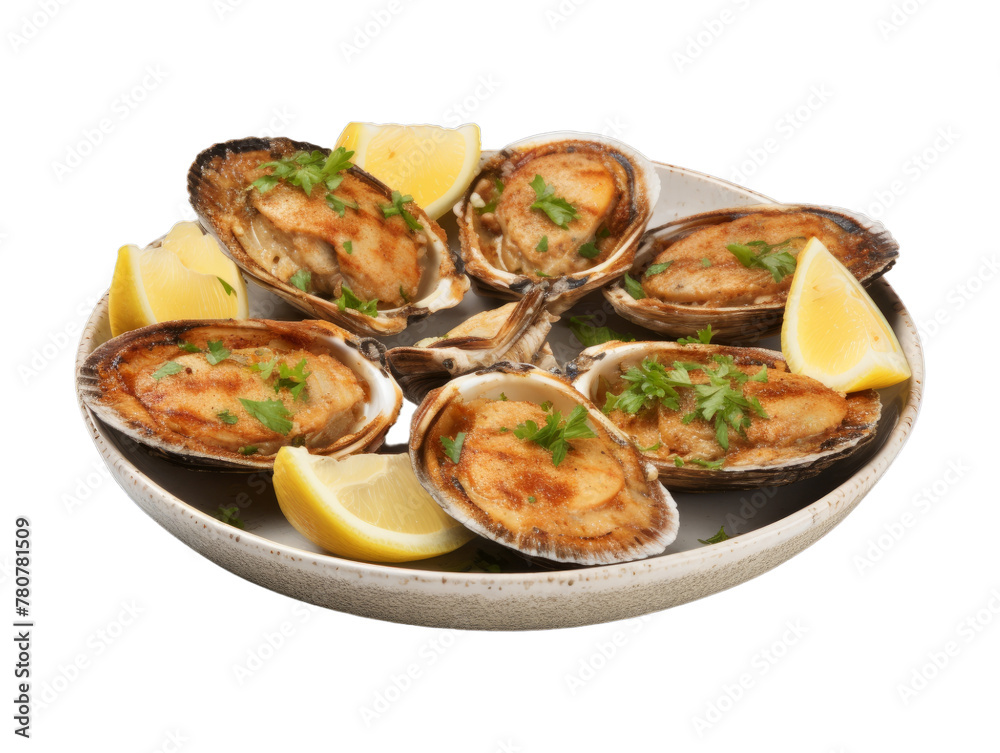 Baked Clams isolated on transparent png background. Generative ai