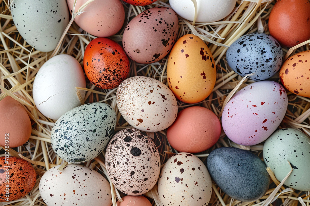 Variety of Colorful Eggs Nested in Straw Close-Up