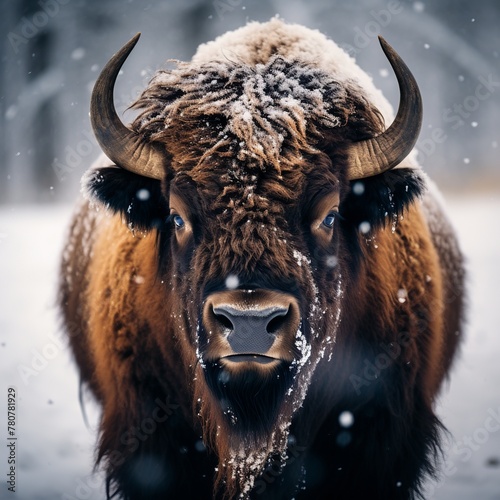 illustration of Bison looking in the  camera snow winter, Generative ai photo
