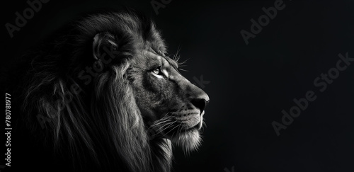 Black and white contrast photo in profile of a male lion with a powerful mane looking to the side on a black background. Monochrome poster with copy space. Wild animal rescue and protection concept