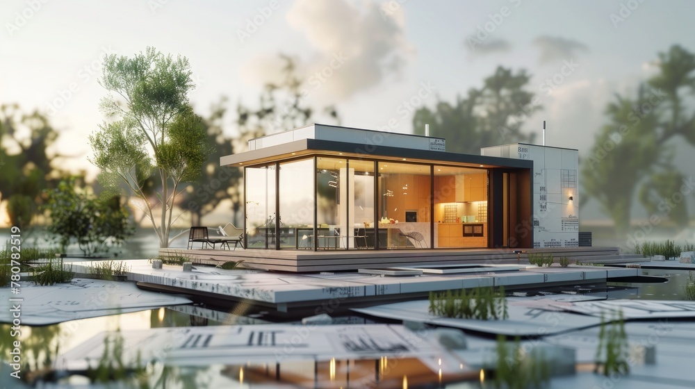 A 3D illustration of a modern cottage situated on architectural blueprints
