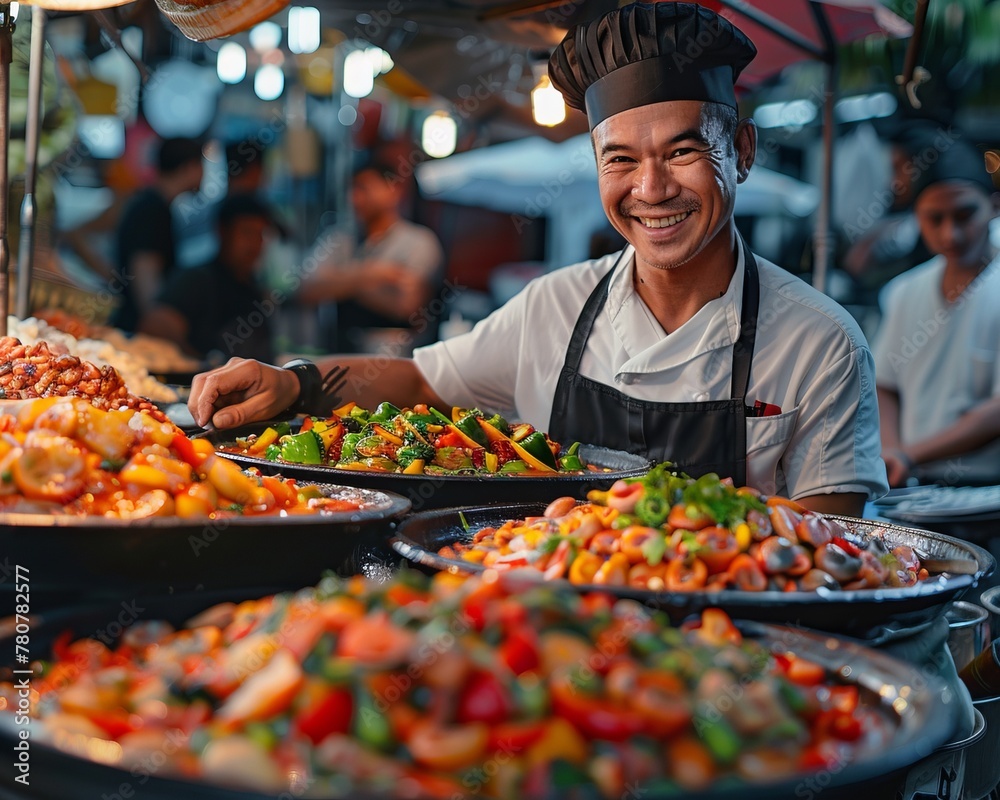 Engage viewers by illustrating a dynamic chef guiding a group of diverse tourists through bustling food markets worldwide, evoking a sense of adventure and discovery
