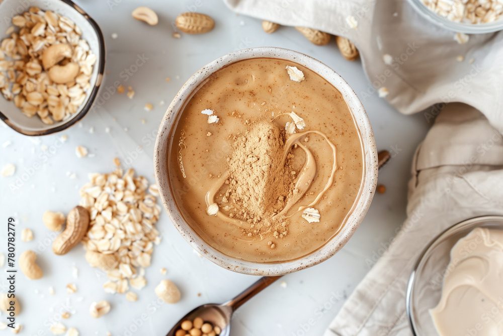 A bowl of peanut butter with a spoon in it and a pile of peanuts on the table. The bowl is almost empty A bowl of peanut butter with a spoon in it and a pile of peanuts on the table. The bowl is almost empty