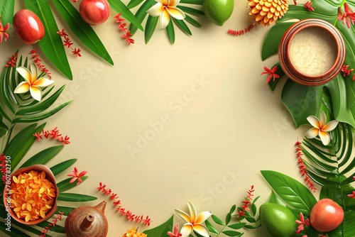 Summer background with tropical flowers and palm leaves on beige background. Traditional indian decorations. Kerala Onam festival. Pongal, Diwali, Ugadi, Gudi Padwa. Flat lay with copy space