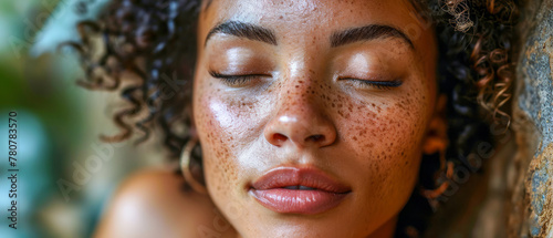 Close-up of a serene woman with freckles, eyes closed, enjoying a peaceful moment photo