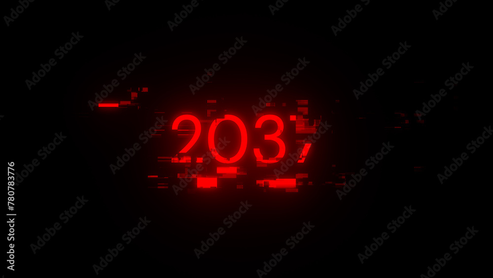 2037 text with screen effects of technological glitches