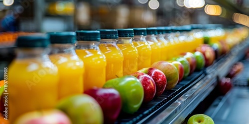 Berry and fruit juices on a conveyor belt. Automatic juice production. Generative AI © 22_monkeyzzz