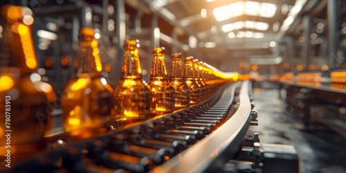 Brown glass bottles on a conveyor belt. Modern production line, beer bottling plant. Generative AI © 22_monkeyzzz