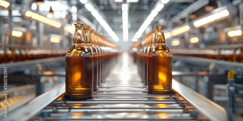 Brown glass bottles on a conveyor belt. Modern production line, beer bottling plant