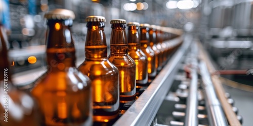 Brown glass bottles, brewery conveyor, modern bottle production line