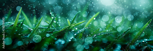 Dew drops glisten on blades of grass, captured in a panoramic view that emphasizes the freshness of a new day photo