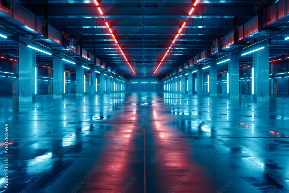 Futuristic and empty industrial corridor illuminated by vibrant neon lights reflecting on the glossy floor Futuristic and empty industrial corridor illuminated by vibrant neon lights reflecting on the glossy floor