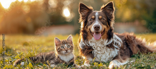 Happy Cat and Dog Together on Summer Grass
