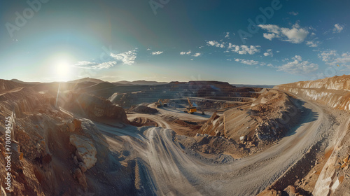 Gold mining, open pit with waste sand and earth for gold ore mining, mining of minerals and ores and precious metals