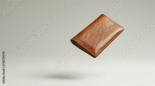 Fototapeta Naklejka Na Ścianę i Meble -  A stylish brown leather wallet floating on a soft gray background with enough copy space on the right side for text.