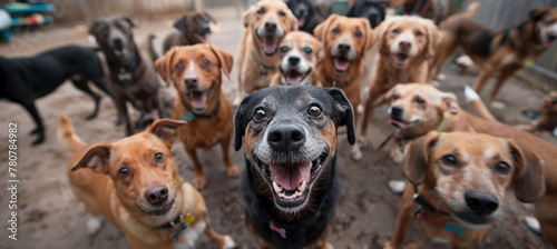 Assortment of Dogs Looking Up with Playful Expression