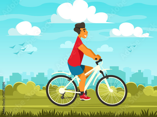Cyclist on city background. Cyclist riding a bike. Man travels on a bicycle. Nature background with cityscape. City park on the background of the business district. Vector graphics