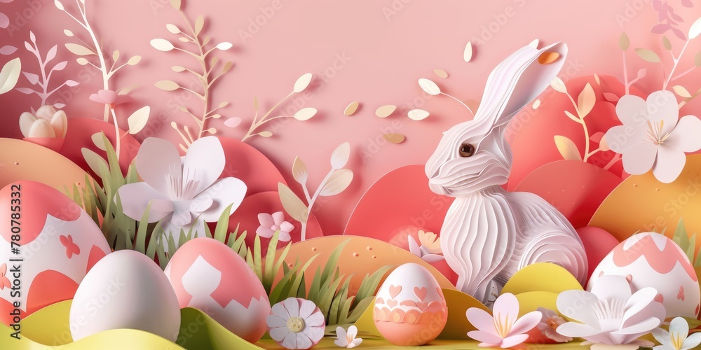 Fototapeta premium A textile Easter bunny with a paper cut design, surrounded by eggs and flowers on a background. This artistic piece showcases the beauty of rabbits and hares, perfect for the spring event AIG42E