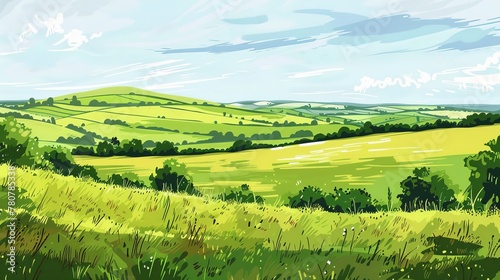 Vector illustration of a lush green grass field on gentle hills
