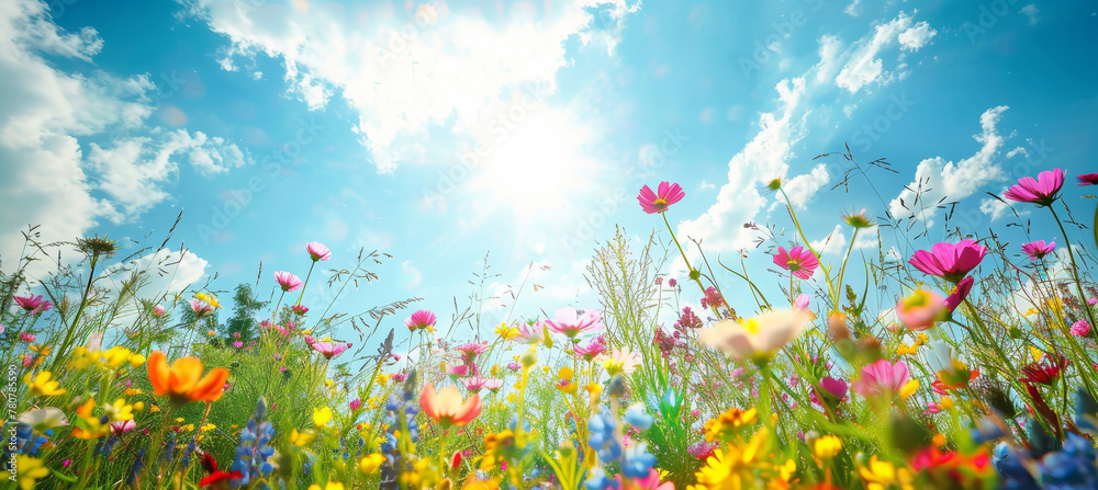 Vibrant Spring Meadow, Colorful Wildflowers Under Sunny Skies Vibrant Spring Meadow, Colorful Wildflowers Under Sunny Skies