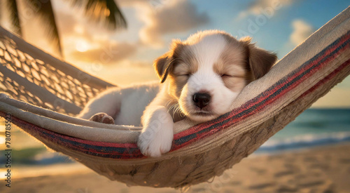 Cute puppy sleeping in hammock on the beach at sunset.
