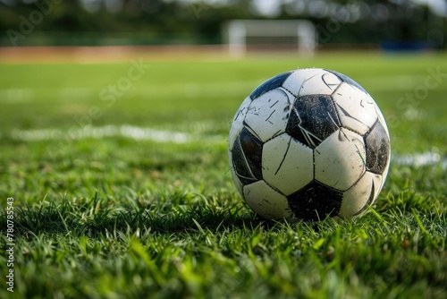Closeup of Soccer Ball on Grassy Sports Field with Goal Post in Background © Mickey