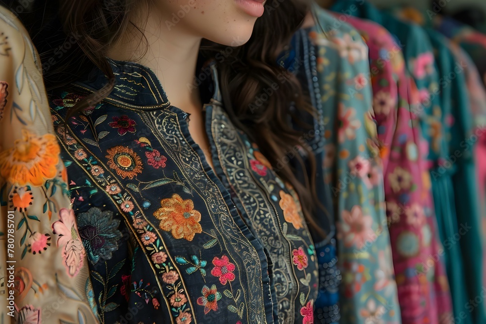 Choosing a Vintage Embroidered Dress from a Thrift Store Rack: Close-Up View. Concept Vintage Fashion, Thrift Store Finds, Embroidered Dresses, Shopping Haul, Close-Up Photography