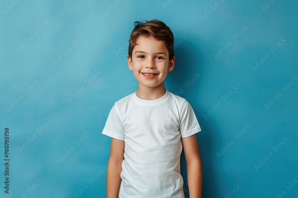 Smiling Boy in White T-Shirt Against Blue Background Smiling Boy in White T-Shirt Against Blue Background