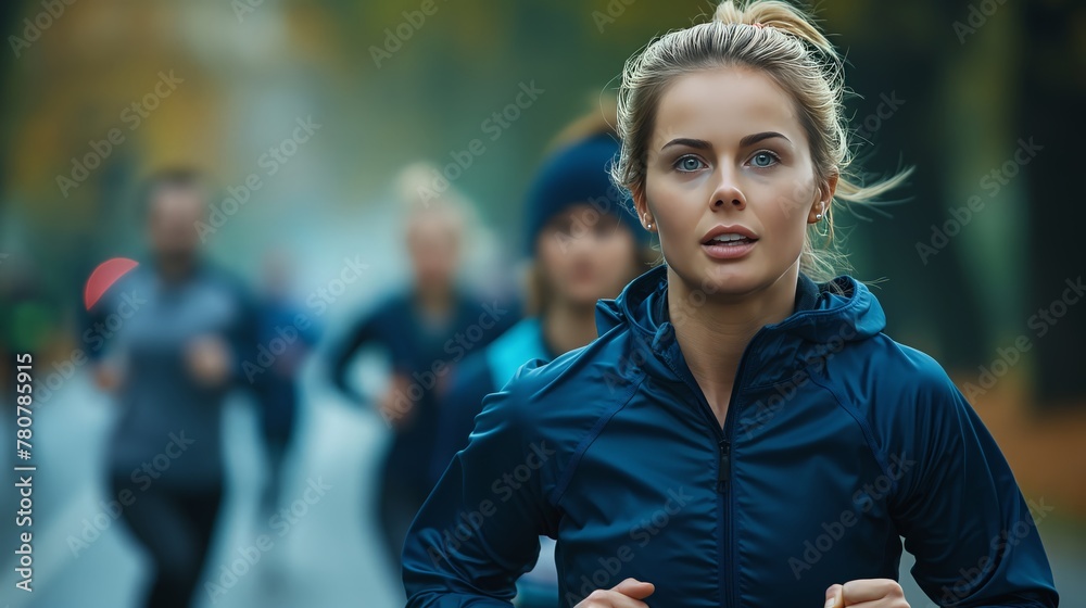 Fototapeta premium Stylish senior couple jogging in the park, wearing sportswear and smiling while running together outdoors at sunset. The concept of fitness for elderly people. 8k, real created by ai