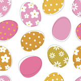 Painted colorful Easter eggs on a white background form a seamless pattern for textiles and wrapping paper. Vector.