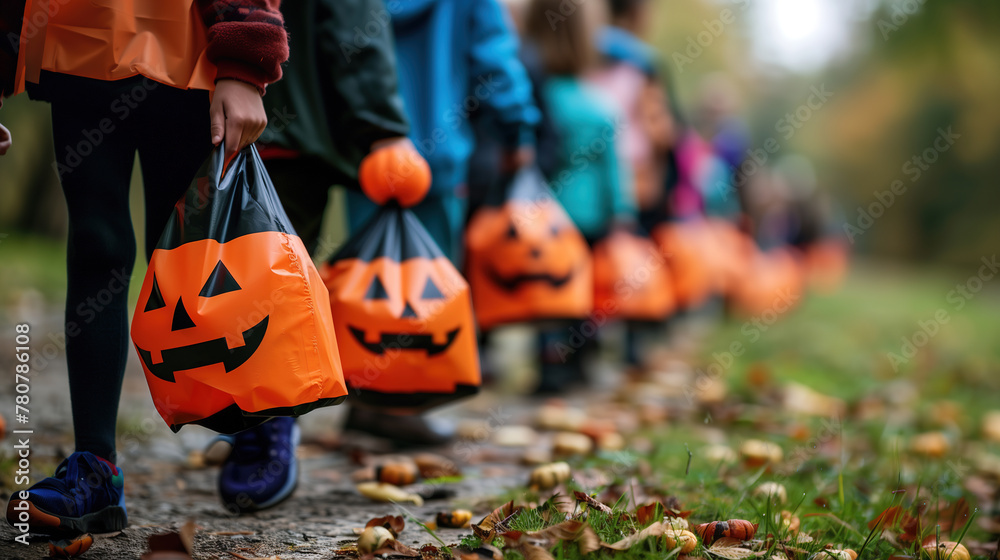 Obraz premium Closeup of children with hands holding pumpkins bags playing trick or treat outdoors.