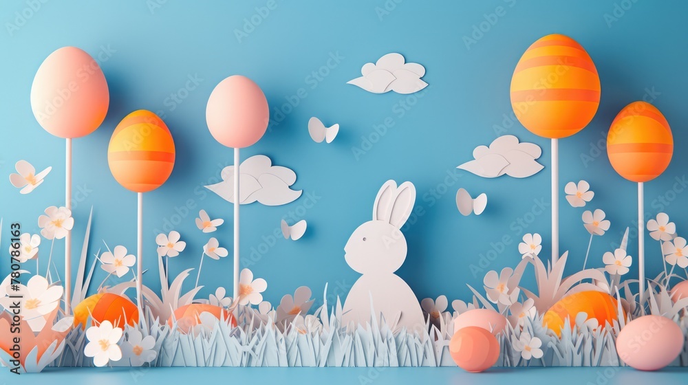 Obraz premium A cute paper Easter rabbit is surrounded by colorful Easter eggs, fluffy clouds, blooming flowers, and floating balloons in a joyful event of happiness AIG42E