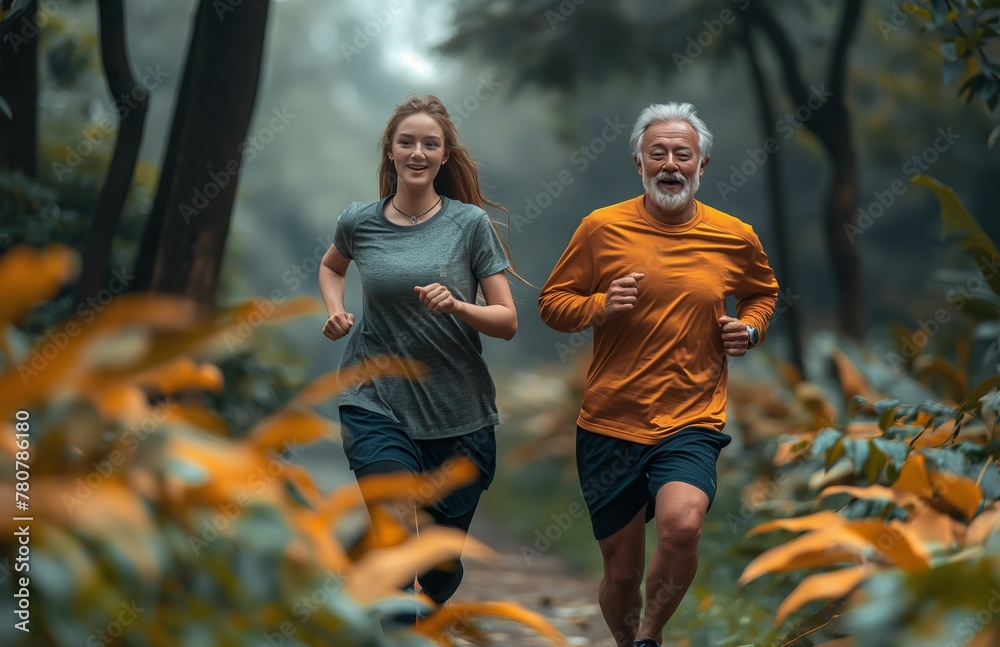 Stylish senior couple jogging in the park, wearing sportswear and smiling while running together outdoors at sunset. The concept of fitness for elderly people. 8k, real created by ai Stylish senior couple jogging in the park, wearing sportswear and smiling while running together outdoors at sunset. The concept of fitness for elderly people. 8k, real created by ai
