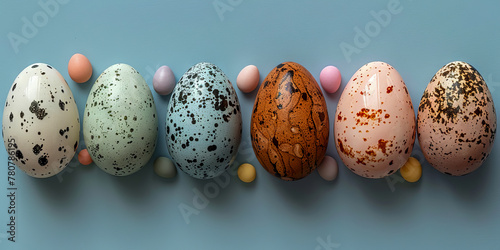 Series of dappled Easter eggs in a variety of pale colors on a cool blue background photo