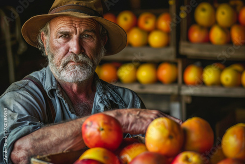 Experienced farmer carefully selects ripe tomatoes, surrounded by the fruits of his labor in a rustic setting photo