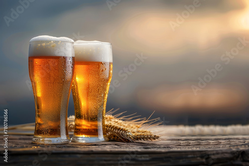 Refreshing Beer Glasses & Wheat on Wooden Surface